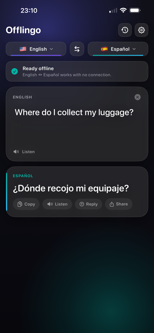 Offlingo on an iPhone, translating "Where do I collect my luggage?" into Spanish, with a Ready offline badge above it